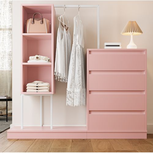 Meuble De Rangement 100x40x135 Cm Avec Tiroirs Et Penderie, Contreplaqué Rose Et Blanc