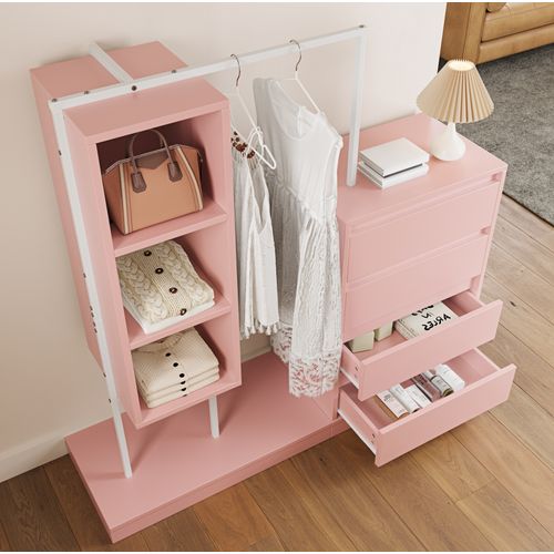 Meuble De Rangement 100x40x135 Cm Avec Tiroirs Et Penderie, Contreplaqué Rose Et Blanc