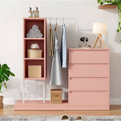 Meuble De Rangement 100x40x135 Cm Avec Tiroirs Et Penderie, Contreplaqué Rose Et Blanc