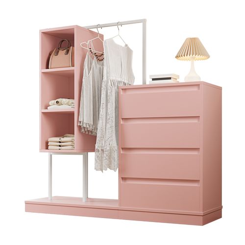 Meuble De Rangement 100x40x135 Cm Avec Tiroirs Et Penderie, Contreplaqué Rose Et Blanc