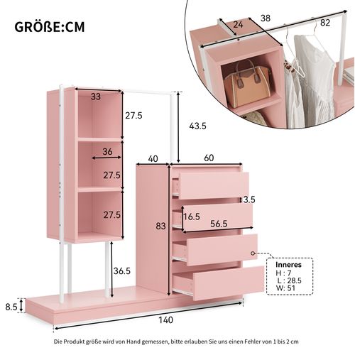 Meuble De Rangement 100x40x135 Cm Avec Tiroirs Et Penderie, Contreplaqué Rose Et Blanc