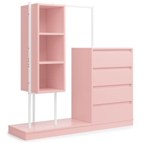 Meuble De Rangement 100x40x135 Cm Avec Tiroirs Et Penderie, Contreplaqué Rose Et Blanc
