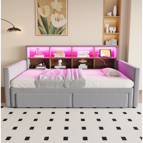 Lit Gigogne 90x190 Cm, Convertible Avec Rangements, Velours, Gris Clair