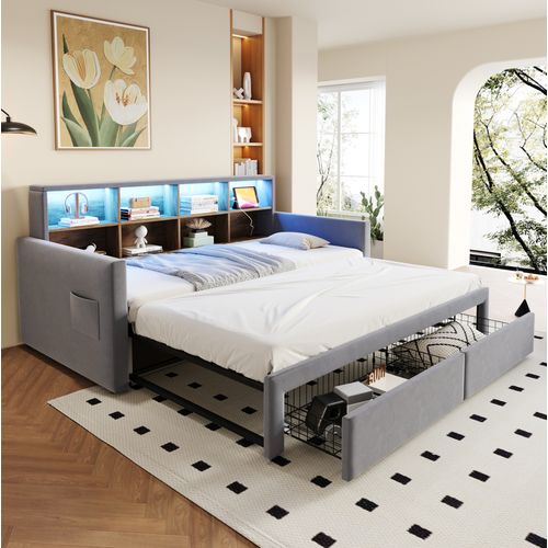 Lit Gigogne 90x190 Cm, Convertible Avec Rangements, Velours, Gris Clair
