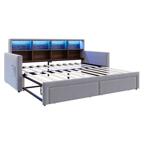 Lit Gigogne 90x190 Cm, Convertible Avec Rangements, Velours, Gris Clair
