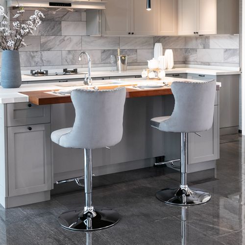Lot 2 Tabourets De Bar Pivotant, Hauteur Réglable Dossier Ergonomique Velours Gris