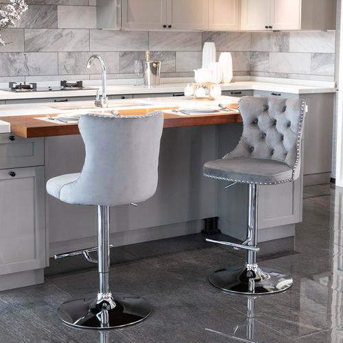 Lot 2 Tabourets De Bar Pivotant, Hauteur Réglable Dossier Ergonomique Velours Gris