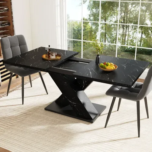 Table à Manger 119.5x80x75 Cm Extensible Effet Marbre Mdf Noir
