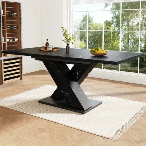 Table à Manger 119.5x80x75 Cm Extensible Effet Marbre Mdf Noir