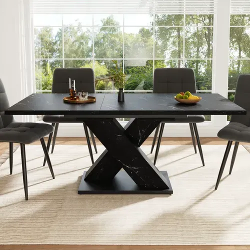 Table à Manger 119.5x80x75 Cm Extensible Effet Marbre Mdf Noir