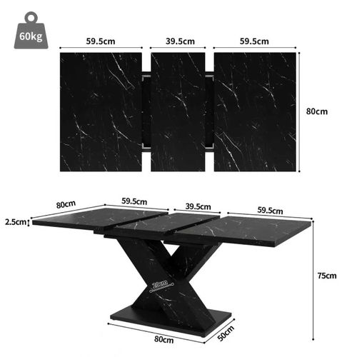 Table à Manger 119.5x80x75 Cm Extensible Effet Marbre Mdf Noir