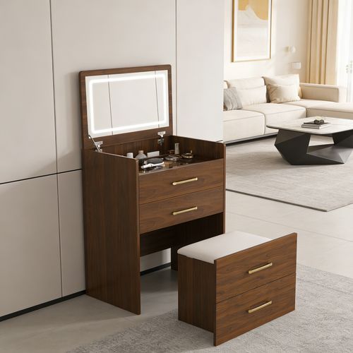 Coiffeuse Dangle 60x40x118 Cm 3 En 1 Avec Miroir Relevable, Mdf Noyer