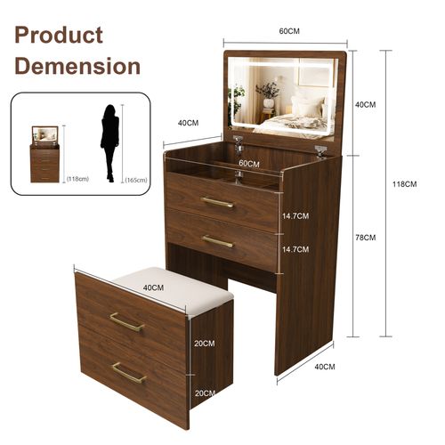 Coiffeuse Dangle 60x40x118 Cm 3 En 1 Avec Miroir Relevable, Mdf Noyer