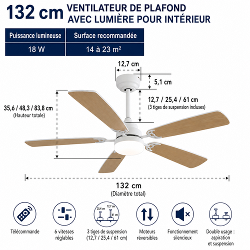 Ventilateur De Plafond 132 Cm Avec LED Dimmable Mdf Blanc Mat