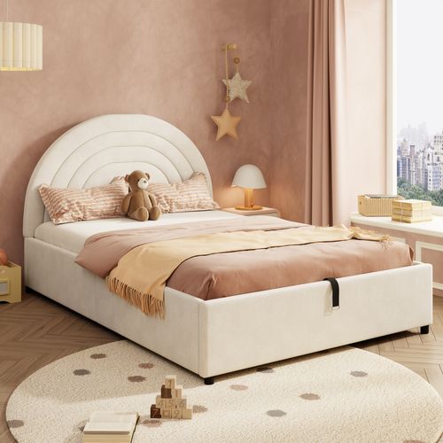 Lit Coffre 140x190 Cm, Rangement Hydraulique Et Matelas Intégré, Velours Beige