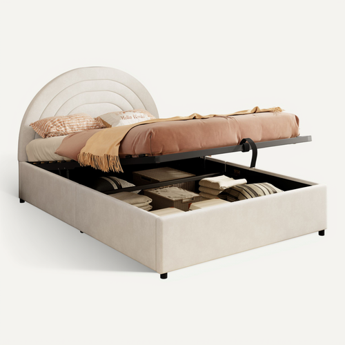 Lit Coffre 140x190 Cm, Rangement Hydraulique Et Matelas Intégré, Velours Beige