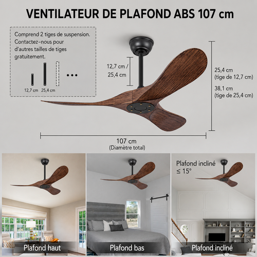 Ventilateur De Plafond Sans Lumière, Moteur Réversible Abs Noir Noyer Foncé