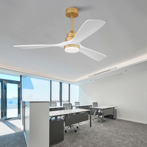 Ventilateur De Plafond, Lumière Et Télécommande, Métal Bois Blanc Et Doré