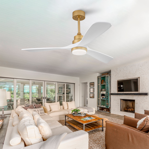 Ventilateur De Plafond, Lumière Et Télécommande, Métal Bois Blanc Et Doré