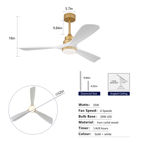 Ventilateur De Plafond, Lumière Et Télécommande, Métal Bois Blanc Et Doré