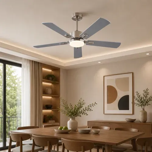 Ventilateur De Plafond Avec Lumière, Télécommande, Métal Et Contreplaqué Nickel