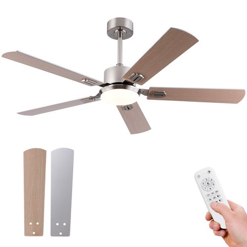 Ventilateur De Plafond Avec Lumière, Télécommande, Métal Et Contreplaqué Nickel
