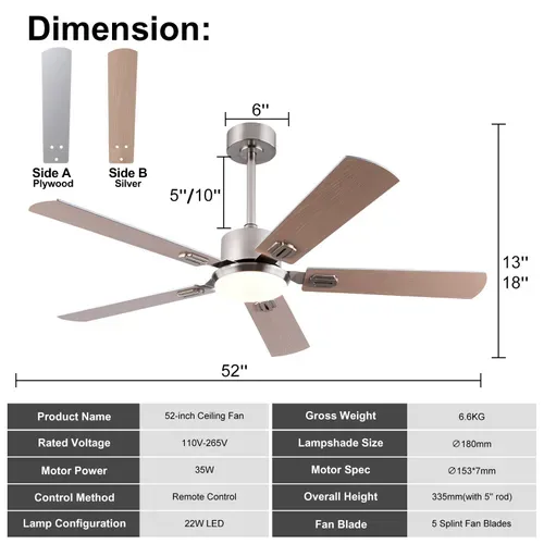 Ventilateur De Plafond Avec Lumière, Télécommande, Métal Et Contreplaqué Nickel