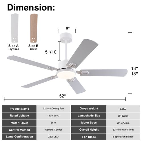 Ventilateur Plafond, LED Réglable Et Télécommande, Bois Blanc Naturel