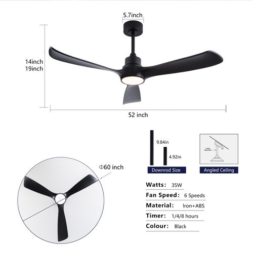 Ventilateur De Plafond Avec Lumière, Télécommande, Moteur Réversible Abs Noir