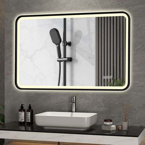 Miroir De Salle De Bain LED 70x90 Cm Antibuée, Intensité Variable Verre Trempé Noir