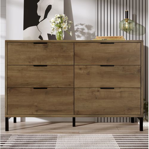 Commode 6 Tiroirs 120 X 40 X 76 Cm Chêne Foncé