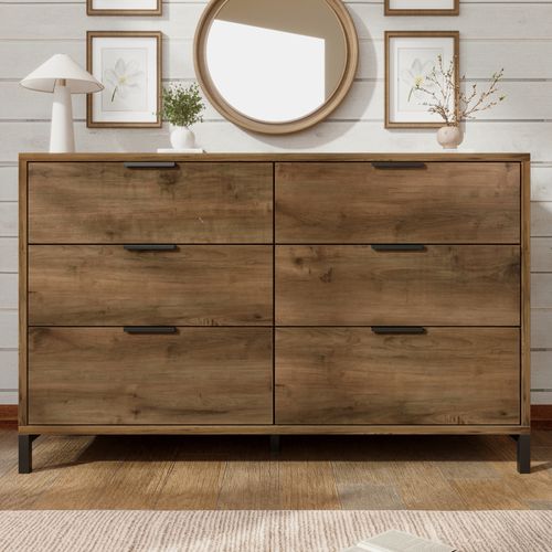 Commode 6 Tiroirs 120 X 40 X 76 Cm Chêne Foncé