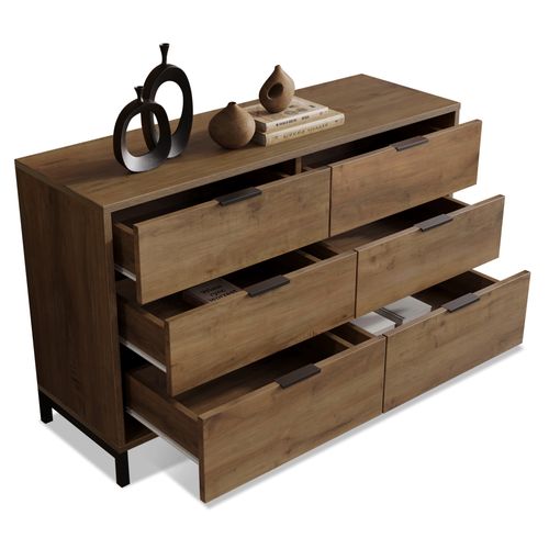 Commode 6 Tiroirs 120 X 40 X 76 Cm Chêne Foncé