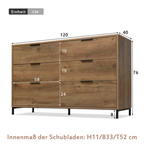 Commode 6 Tiroirs 120 X 40 X 76 Cm Chêne Foncé