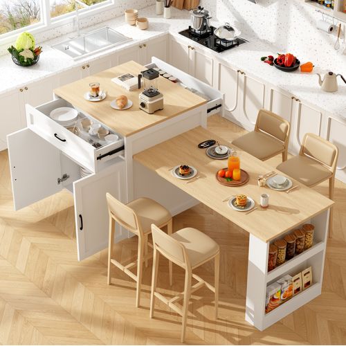 Îlot Cuisine Table Bar Blanc Plateau Agrandissable Nombreux Espaces De Stockage Pratique