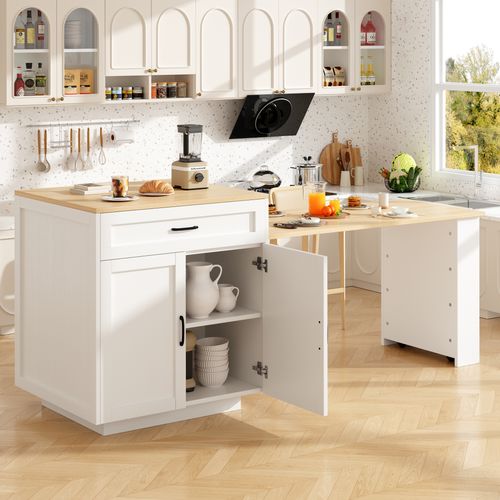 Îlot Cuisine Table Bar Blanc Plateau Agrandissable Nombreux Espaces De Stockage Pratique
