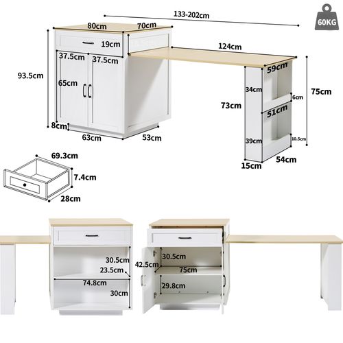 Îlot Cuisine Table Bar Blanc Plateau Agrandissable Nombreux Espaces De Stockage Pratique