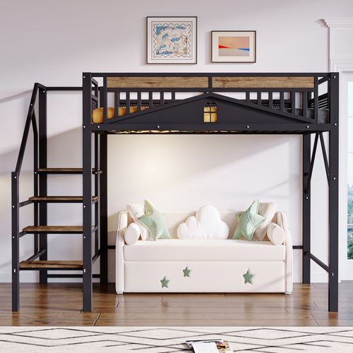 Lit Mezzanine 140 X 200 Cm Avec échelle Sécurisée Et Rangement Noir