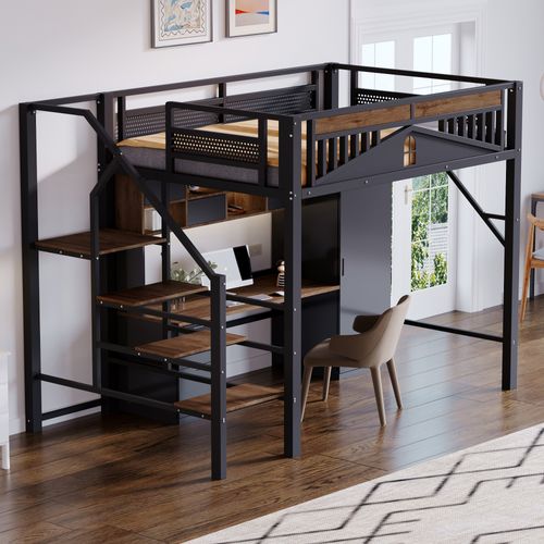 Lit Mezzanine 140 X 200 Cm Avec échelle Sécurisée Et Rangement Noir