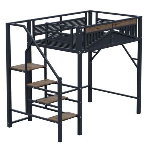 Lit Mezzanine 140 X 200 Cm Avec échelle Sécurisée Et Rangement Noir