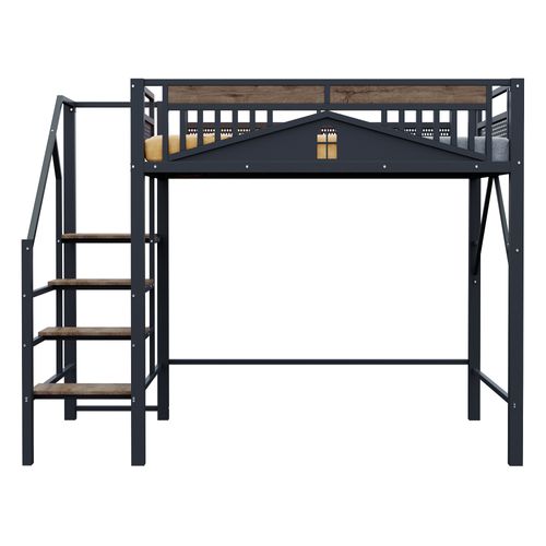 Lit Mezzanine 140 X 200 Cm Avec échelle Sécurisée Et Rangement Noir