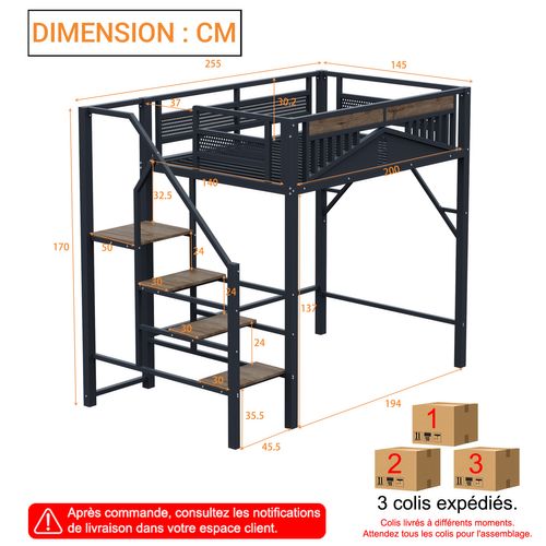 Lit Mezzanine 140 X 200 Cm Avec échelle Sécurisée Et Rangement Noir