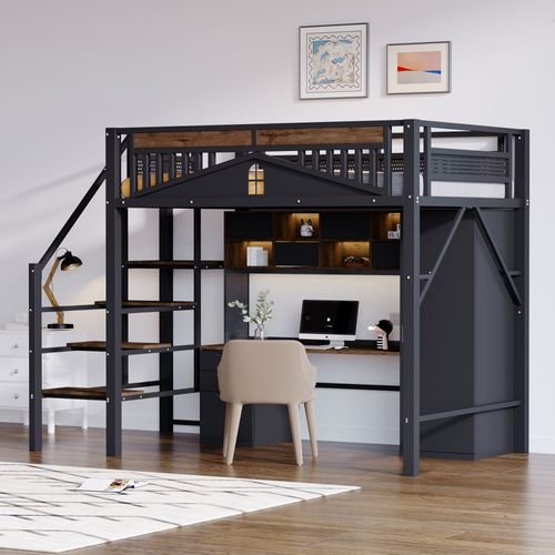 Lit Mezzanine 140 X 200 Cm Avec échelle Sécurisée Et Rangement Noir