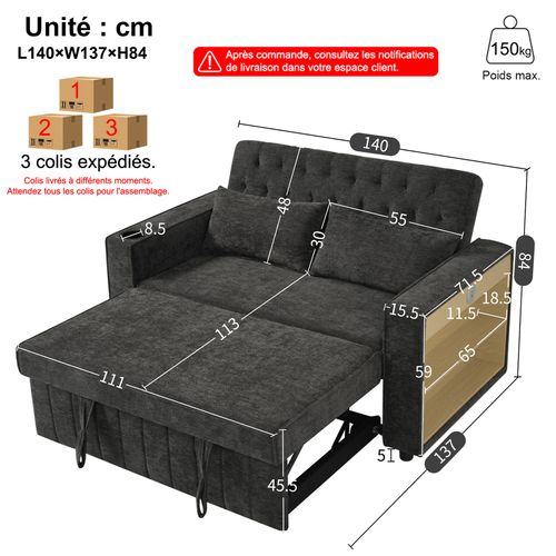 Canapé Convertible 140 X 137 X 84 Cm Dossier Réglable Gris