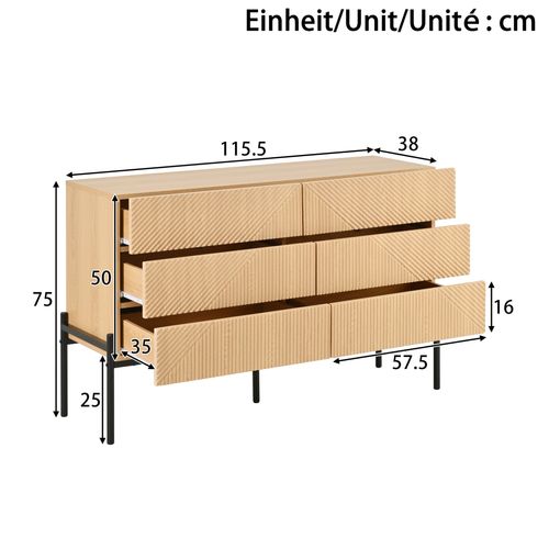 Commode 6 Tiroirs 115,5 X 38 X 75 Cm Naturel