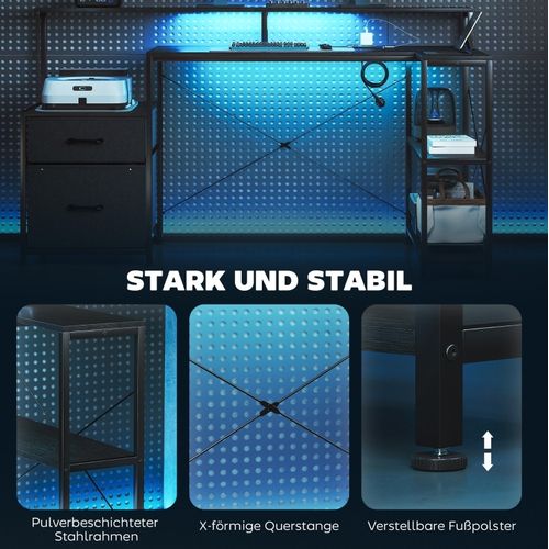 Bureau D’angle Gaming 165 X 80 X 91,5 Cm Avec LED Et Prises, Noir