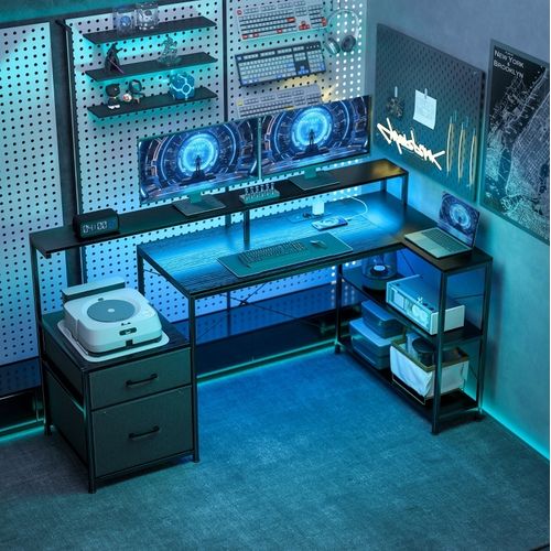 Bureau D’angle Gaming 165 X 80 X 91,5 Cm Avec LED Et Prises, Noir