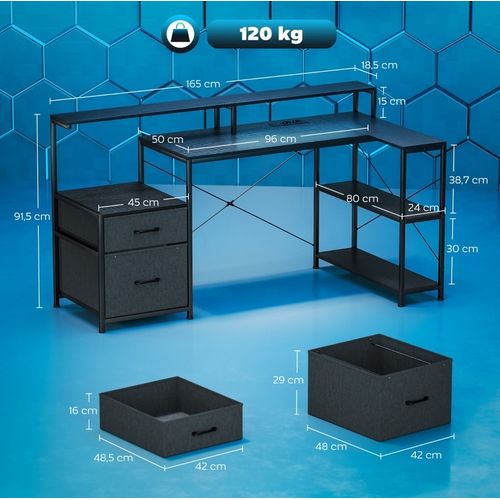 Bureau D’angle Gaming 165 X 80 X 91,5 Cm Avec LED Et Prises, Noir