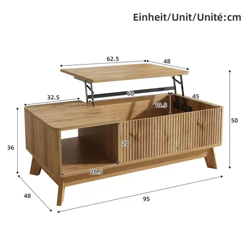 Table Basse Relevable 95 X 48 X 50 Cm Naturel
