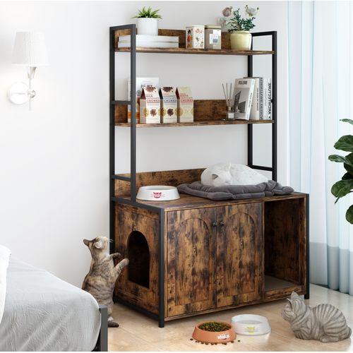 Meuble Pour Litière Chat Avec Rangement 3 Niveaux 2 Portes Marron